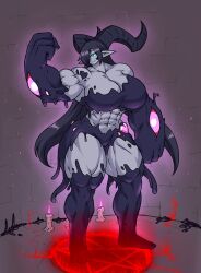 big_breasts black_hair blue_eyes breast_expansion breasts_bigger_than_head demon_girl demon_horns female flexing_bicep glowing_eyes grey_skin muscle_growth muscular_female sheepapp smiling