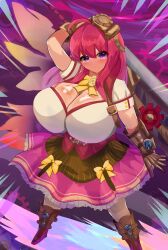 1girls arm_up arma_beruna asagi_izumi bangs blush boots bow breasts brown_gloves cleavage full_body gears gloves goggles goggles_on_head huge_breasts long_hair looking_at_viewer pastel_memories pink_hair purple_eyes skirt solo steampunk sword weapon yellow_bow