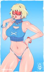 1girls armpits blonde_hair breasts evie_(fortnite) fortnite hand_on_hip iisfernado red-tinted_eyewear short_hair solo summitseeker_evie_(fortnite) tagme tinted_eyewear visor