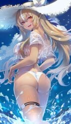 :d alternate_costume cheerful hololive hololive_fantasy hololive_japan large_ass large_breasts looking_back partially_submerged rear_view see-through shiranui_flare smile splashing splashing_water straw_hat swimsuit thick_thighs thigh_strap virtual_youtuber wading water wet_clothes white_shirt wide_hips