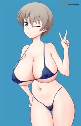 1girls big_breasts big_chest bikini blue_background blue_eyes breasts collarbone cowboy_shot deviantart eyeshadow fanbox_reward grey_hair gummslime gumroad highres huge_breasts large_breasts looking_at_viewer micro_bikini one_eye_closed pale-skinned_female pale_skin patreon peace_sign simple_background standing swimsuit swimwear swimwear_only uzaki-chan_wa_asobitai! uzaki_hana v_sign wink winking_at_viewer