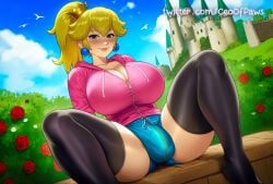 1futa ai_generated ball_bulge balls balls_under_clothes blonde_hair breasts bulge ceoofpaws cleavage cock crown cute dick flaccid futa_only futa_sans_pussy futanari huge_breasts large_penis mario_(series) nintendo outdoors penis penis_bulge penis_under_clothes princess_peach shorts smile socks sportswear spread_legs super_mario_bros. thick_thighs thighhighs