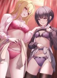 2girls angry black_legwear clenched_teeth idolmaster idolmaster_cinderella_girls kurosaki_chitose lingerie medium_breasts momi_yuro shirayuki_chiyo shirt_up skirt_lift small_breasts smile thighs upskirt