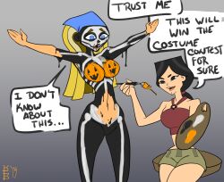 2019 2girls big_breasts black_eyes black_hair blonde_hair blue_eyes bodypaint breasts busty female female_focus female_only halloween halloween_costume heather_(tdi) hourglass_figure ktb lindsay_(tdi) long_hair multiple_girls navel painted_clothes tagme total_drama_island wide_hips