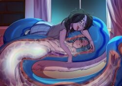 ariel_comte black_hair casopiera_brisevent clothed endosoma female fish_girl glasses gradient_hair green_eyes inside_view keendeemiyavi_(artist) lamia looking_at_viewer mermaid pupilless_eyes saliva sleeping snake_girl snake_tail snake_tongue snake_tongue_out vore willing_pred willing_prey willing_vore