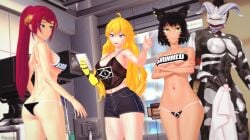 1boy 3girls arrancon black_hair black_hair_female blonde_female blonde_hair female green_eyes grimm_(rwby) grimmed half-dressed half_naked human interspecies kali_belladonna monster monster_boy pale_skin pyrrha_nikos red_hair red_hair_female robotic_arm rwby yang_xiao_long yellow_eyes