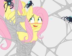 2015 anthro areola arthropod barefoot blush bondage bound breasts equine feet female feral fluttershy_(mlp) friendship_is_magic green_eyes hasbro laugh long_hair my_little_pony nipples pegasus pink_hair smile soles solo spider spiderweber sweat tickling tickling_feet toes yellow_body yellow_skin