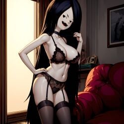 1girls 2d aegis999_(artist) ai_generated big_breasts death garter_straps long_hair looking_at_viewer sharp_teeth solo thighhighs vampire_girl vampire_queen