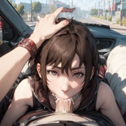 1boy 1girls ai_generated blowjob brown_eyes brown_hair car chuckmetter cum_in_mouth cum_in_throat cute deep_blowjob deepthroat eye_contact fellatio female final_fantasy final_fantasy_xv hand_on_head in_car iris_amicitia oral petite pov road_head smile square_enix teenager tight_throat young