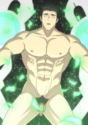 1boy abs alternate_pectoral_size ao_isami bang_brave_bang_bravern bara black_hair completely_nude cowboy_shot feathers first_porn_of_character flaccid highres large_pectorals male_focus male_pubic_hair medium_sideburns muscular muscular_male navel nipples nori_uth nude pectorals penis pubic_hair science_fiction short_hair solo sparkle_background stomach surprised thick_eyebrows thighs veiny_crotch wide-eyed yuuki_bakuhatsu_bang_bravern