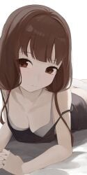 1girls ass bare_shoulders blush breasts brown_eyes brown_hair cleavage clothed down_blouse female female_focus female_only iino_miko kaguya-sama_wa_kokurasetai_~tensai-tachi_no_renai_zunousen~ laying_down laying_on_bed laying_on_stomach light_skin long_hair looking_at_viewer medium_breasts nervous nervous_face panties simple_background slender_body slender_waist slim_girl slim_waist small_breasts teenager thin_waist topwear twintails white_background white_bra yyqw7151