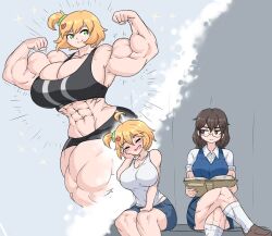 big_breasts blush_lines book brown_hair glasses green_eyes imagining looking_at_partner muscle_growth muscular_female school_uniform sheepapp small_breasts tight_clothing white_hair yellow_hair