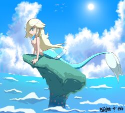 1girls algae alternate_species areolae barnacles belly_button bird blightstar blonde_hair blue_eyes blue_scales blue_sky blue_tail breasts cloud clouds earrings eyebrows_visible_through_hair female female_only fin full_body hi_res leaning_forward light_blue_scales long_hair long_tail looking_at_viewer mario_(series) mermaid mermaid_girl mermaid_tail nipples ocean ocean_background outdoors pale-skinned_female pointy_nose posing princess_rosalina rock scales seagull see-through see-through_clothing see-through_skirt skirt sky small_breasts solo sun super_mario_galaxy tail tail_fin tailfin topless topless_female wave waves yoga_pose