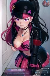 ai_generated armband black_hair bombalurina_ai choker cleavage crop_top fake_animal_ears hat indoors jacket leaning_forward midriff navel necklace one_breast_out open_clothes open_jacket palworld pink_eyes pink_hair pulled_by_self shirt_pull skirt smirk stable_diffusion twintails two-tone_hair zoe_rayne