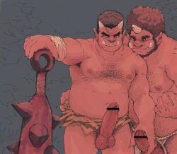 1_horn 2_horns 2boys 32456033 abs afro animal_print bar_censor bara beard belly big_nose brown_hair censored clothing_aside club_(weapon) colored_skin cowboy_shot erection facial_hair foreskin full_beard fundoshi fundoshi_aside girthy_penis handjob highres horns japanese_clothes large_pectorals large_penis leg_hair loincloth looking_at_viewer male male_focus male_only male_pubic_hair mature_male multiple_boys muscular muscular_male navel navel_hair nipples oni original pectorals penis plump print_loincloth pubic_hair red_oni red_skin seductive_smile short_hair sideburns smile sparse_chest_hair spiked_club stomach strongman_waist testicle_hair tiger_print topless_male tusks unretracted_foreskin weapon yaoi