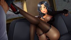 black_hair breasts brown_hair fap_ceo flushed gloves green_eyes heels hi_res high_resolution highres lana_(fap_ceo) lipstick long_socks looking_at_partner nipples no_sex nutaku panties socks tagme