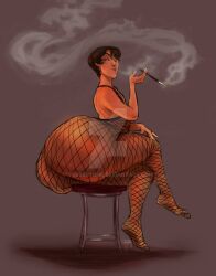 1boy ass_bigger_than_torso fishnets hyper_ass male male_only smoking stool tagme tubbertons