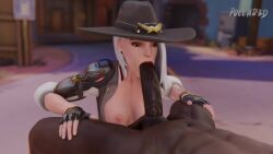 1boy 1boy1girl 1girls 3d animated armor ashe_(overwatch) black_penis blizzard_entertainment blowjob breasts clothing cowboy_hat dark-skinned_male dark_skin fellatio female front_view hat interracial male nipples no_sound nude nude_female oral overwatch penis pollarmatt red_eyes sex sucking video white_hair white_skin