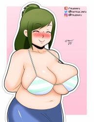 1girls 2019 big_breasts blush boku_no_hero_academia bra breasts chubby chubby_female cleavage closed_eyes female female_only green_eyes green_hair hands_behind_back happy inko_midoriya light-skinned_female light_skin long_hair looking_back mature_female midoriya_inko milf my_hero_academia ponytail skirt small_bra smooth_skin tied_hair truewaifu tummy wholesome