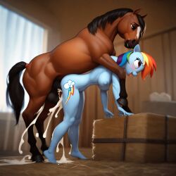 ai_generated anthro balls barn blush cum cum_in_pussy doggy_style excessive_cum female_on_feral feral feral_on_female feral_on_humanoid feral_penetrating_female feral_penetrating_humanoid furry_male furry_on_humanoid horse horsecock male_feral my_little_pony rainbow_dash_(mlp) stallion vaginal_penetration zoophilia