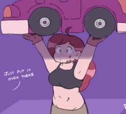 1girls bee_(bee_and_puppycat) bee_and_puppycat brown_hair car clothed dezz holy_shit_shes_strong lifting lifting_car oil oil_on_face purple_car sports_bra super_strength