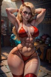 1girls abs ai_generated big_breasts blonde_hair demon_girl female female_only hazbin_hotel long_hair looking_at_viewer looking_mad loraart nipple_bulge public thick_thighs thighhighs thighs
