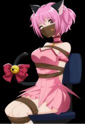 arms_tied_behind_back asphyxiation bondage bound_arms bound_legs cat_bell cat_ears cat_tail dannex009 gag gagged ichigo_momomiya lipstick_mark off_shoulder one_eye_closed over_the_nose_gag pink_dress pink_eyes pink_hair sitting tape_bondage tape_gag tokyo_mew_mew