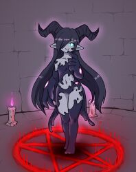 black_hair blue_eyes demon_girl demon_horns female glowing_eyes grey_skin looking_at_viewer sheepapp smiling