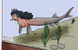 1girls 2021 black_hair blue_highlights brown_eyes crown digital_media_(artwork) eroxenus female female_focus female_only freckles hi_res high_resolution highres mermaid nipples not_furry not_furry_focus original original_character pointy_nose princess rock rocks species_transformation sturgeon tagme transformation underwater water water_tank what whiskers