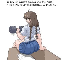 big_muscles brown_eyes glasses lifting_weights looking_at_viewer muscular_female school_uniform sheepapp small_breasts text tight_clothing white_shirt