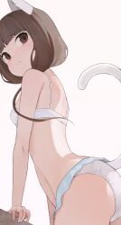 1girls ass bare_arms bare_shoulders bare_thighs belly bra breasts brown_eyes brown_hair cat_ears cat_tail catgirl cute embarrassed female female_focus female_only highres iino_miko kaguya-sama_wa_kokurasetai_~tensai-tachi_no_renai_zunousen~ light_skin long_hair looking_at_viewer looking_back nervous_face nude panties shy sideboob simple_background slender_body slender_legs slender_waist slim_girl slim_legs slim_waist small_breasts soft_shading standing student teenager thighs thin_waist underwear white_background white_bra white_panties white_underwear yyqw7151