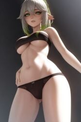 1girls aged_up ai_generated big_breasts bikini bra breasts female female_only genshin_impact green_eyes green_hair hair_ornament hand_on_hip kirill782 looking_at_viewer multicolored_hair nahida_(genshin_impact) navel panties pointy_ears solo stable_diffusion standing strapless underboob white_hair