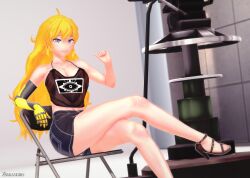 1girls arrancon blonde_female blonde_hair cleavage clothed_female director long_hair long_hair_female movie_camera purple_eyes robotic_arm rwby yang_xiao_long