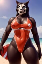 ai_generated anthro beach cameltoe clouds cross female floatation_device lifeguard lifeguard_swimsuit mal0 malo nipple_bulge pixai red_swimsuit scp-1471 scp-1471-a scp_foundation self_upload skull_head solo water weedvee420