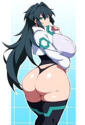 ai_generated ass_focus black_hair female gundam gundam_build_divers gundam_build_divers_re:rise huge_ass huge_breasts may_(gundam_build_divers_re:rise) novelai stockings thong