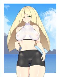 1girls ader441 alternate_version_available big_breasts black_shorts blonde_hair bottomwear breasts clothing erect_nipples female female_only game_freak green_eyes hair hips huge_breasts long_hair lusamine_(pokemon) mature mature_female mature_woman milf mother nipple_bulge nipples nipples_visible_through_clothing one_eye_closed pokemon pokemon_sm shorts solo solo_female sports_bra sports_uniform sportswear thick_thighs thighs topwear wet wet_clothes wink winking_at_viewer