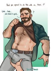 1boy 55sauce55 absurdres arm_hair bara bare_pectorals bear beard belly blush brown_hair bulge chain_necklace coral_island cowboy_shot crotch_grab erection erection_under_clothes facial_hair full_beard hairy highres jewelry lifted_by_self looking_at_viewer male_focus male_only mark_(coral_island) muscular muscular_male necklace nervous_sweating nipples pants pectorals plump pov pov_hands precum precum_through_clothes short_hair smile solo_focus solo_male sweat thick_beard thick_chest_hair thick_navel_hair very_hairy