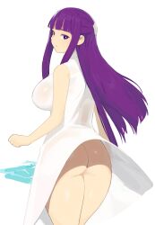 1girls ass breasts dress dress_lift female female_only fern_(sousou_no_frieren) high_resolution large_breasts looking_at_viewer looking_back purple_eyes purple_hair snorkel14 solo sousou_no_frieren thighs very_high_resolution