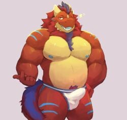 1boy absurd_res anthro astro_(character) bara bulge clothing dragon fur furry gay genital_outline hair hi_res horn jockstrap male markings musclegut nipples one_eye_closed penis_outline pubes purple_body purple_fur red_body red_fur red_scales rojoslushy scales simple_background slightly_chubby solo underwear wink