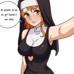 1girls big_breasts female female_only nami nami_(one_piece) nun nun_outfit one_piece orange_eyes orange_hair post-timeskip satsufumi selfie solo white_background