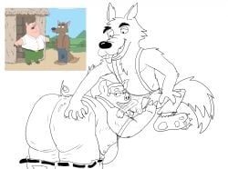 2023 anthro ass balls belly big_belly big_butt bottomwear bottomwear_down canid canine canis clothed clothing domestic_pig duo erection eyewear family_guy genitals geuremon glasses hi_res male male/male mammal overweight overweight_male pants pants_down partially_clothed penis peter_griffin simple_background sitting suid suina sus_(pig) tongue tongue_out white_background wolf