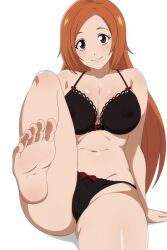 barefoot bleach bra breasts feet female inoue_orihime orange_hair panties smile toes underwear zorzero