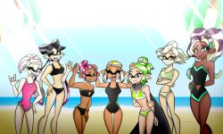 6+girls 7girls agent_3_(splatoon) agent_3_(splatoon_3) agent_4_(splatoon) agent_8_(splatoon) beach bikini black_bikini black_one-piece_swimsuit black_swimsuit breasts callie_(splatoon) cleavage female female_only green_bikini green_swimsuit inkling long_hair marie_(splatoon) marina_(splatoon) navel navel_cutout octoling one-piece_swimsuit pearl_(splatoon) pink_one-piece_swimsuit pink_swimsuit short_hair splatoon strapless strapless_bikini strapless_one-piece_swimsuit strapless_swimsuit striped_bikini zaratheoctoling