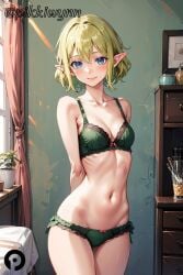 ai_generated arms_behind_back bangs bare_shoulders blonde_hair blue_eyes blush bow bra breasts cleavage closed_mouth collarbone cowboy_shot dungeon_ni_deai_wo_motomeru_no_wa_machigatteiru_darou_ka elf female female_only green_bra green_panties indoors looking_at_viewer navel panties pikkiwynn pointy_ears ryuu_lion short_hair small_breasts smile solo standing stomach underwear underwear_only