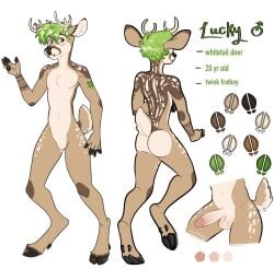 4_fingers anthro antlers arm_markings ass balls black_hooves brown_body brown_eyes brown_fur brown_markings bucklucky chest_tuft deer ear_piercing ear_ring erection facial_piercing featureless_crotch fingers front_view fur genitals green_hair hair hi_res hooves horn humanoid_genitalia humanoid_penis lip_piercing lucky_(bucklucky) male male_only mammal markings model_sheet mouth_closed multiple_piercings navel nude penis piercing rear_view ring_piercing short_hair signature snakebite_piercing solo spotted_legs spotted_shoulders standing tan_antlers tan_balls tan_body tan_fur tan_penis tan_spots tuft