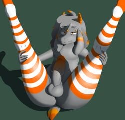 anthro anus balls bovid caprine clothing donya floppy_ears fur genitals glans goat grey_body grey_fur gusta_(gusta) hair hi_res horn legs_up legwear legwear_only male mammal mostly_nude orange_clothing orange_eyes orange_glans orange_horn orange_legwear orange_stripes orange_thigh_highs pattern_clothing pattern_legwear pattern_thigh_highs penis presenting solo striped_clothing striped_legwear striped_thigh_highs stripes thigh_highs thigh_highs_only