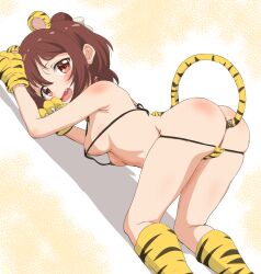 10s 1girls all_fours anal anal_object_insertion anal_tail anima_yell! animal_ears animal_hands animal_print ass bikini blush breasts brown_hair buttplug_tail fake_animal_ears fake_tail highres looking_at_viewer looking_back medium_breasts micro_bikini nipples object_insertion oerba_yun_fang short_hair sincos solo swimsuit tail tatejima_kotetsu tiger_print