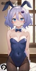 ai_generated animal_ears arisugawa_kaname ass_visible_through_thighs bare_shoulders black_pantyhose blue_bow blue_bowtie blue_eyes blue_leotard blush bow bowtie breasts closed_mouth collarbone covered_navel cowboy_shot detached_collar fake_animal_ears female hair_between_eyes hair_ornament hairband indoors leotard looking_at_viewer pantyhose pikkiwynn playboy_bunny purple_hair rabbit_ears small_breasts smile solo strapless strapless_leotard thigh_gap thighband_pantyhose tonikaku_kawaii twintails wrist_cuffs