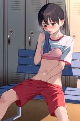 absurdres bench black_hair blush bra brown_eyes collarbone female female_masturbation gym_shirt gym_shorts highres holding holding_clothes indoors kiona_(giraffe_kiona) locker low_twintails masturbation navel open_mouth original pink_bra red_shorts shadow shirt short_hair shorts sitting solo t-shirt tongue tongue_out twintails underwear