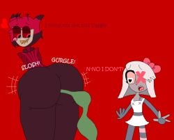 alastor_(hazbin_hotel) ass ass_expansion biting_lip biting_own_lip bowtie bubble_ass bubble_butt butt_expansion colored_text demon denial hair_ribbon hazbin_hotel heart heart-shaped_pupils hose_bulge hose_in_ass hose_in_butt hose_inflation inflation male_focus monocle one_eye red_background red_bow red_eyes simple_background somethingyano7 text vaggie_(hazbin_hotel) vivienne_medrano